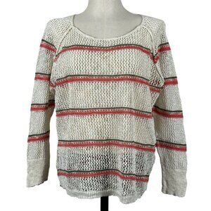 Maurices Womens Open Knit Sweater White Striped Long Sleeve Lightweight Large